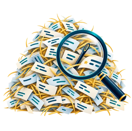 A haystack of code snippets and straw, with a magnifying glass over the one needle hidden inside