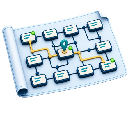 A blueprint map of a connected system, with the upgrade route traced between components and checkpoints marked