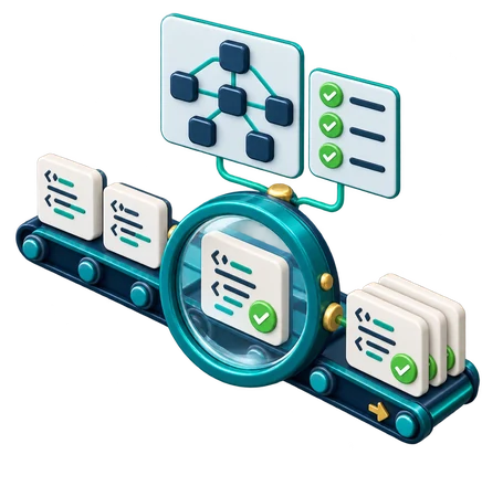 Code moving along a conveyor through a magnifying checkpoint that compares each change with the map and a checklist, coming out verified