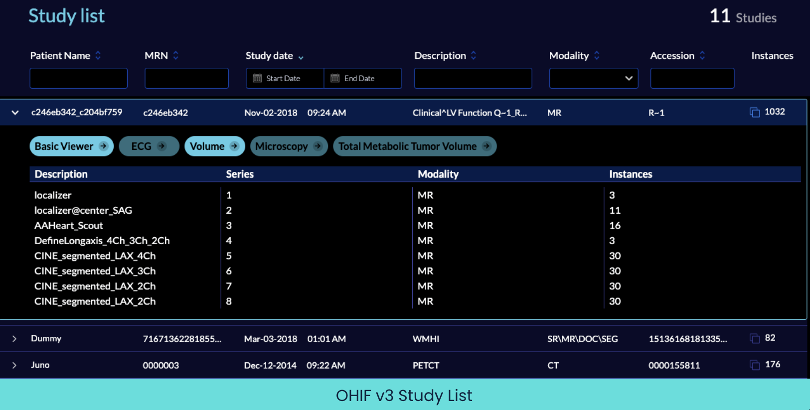 Banners show OHIF V3 Study lIst
